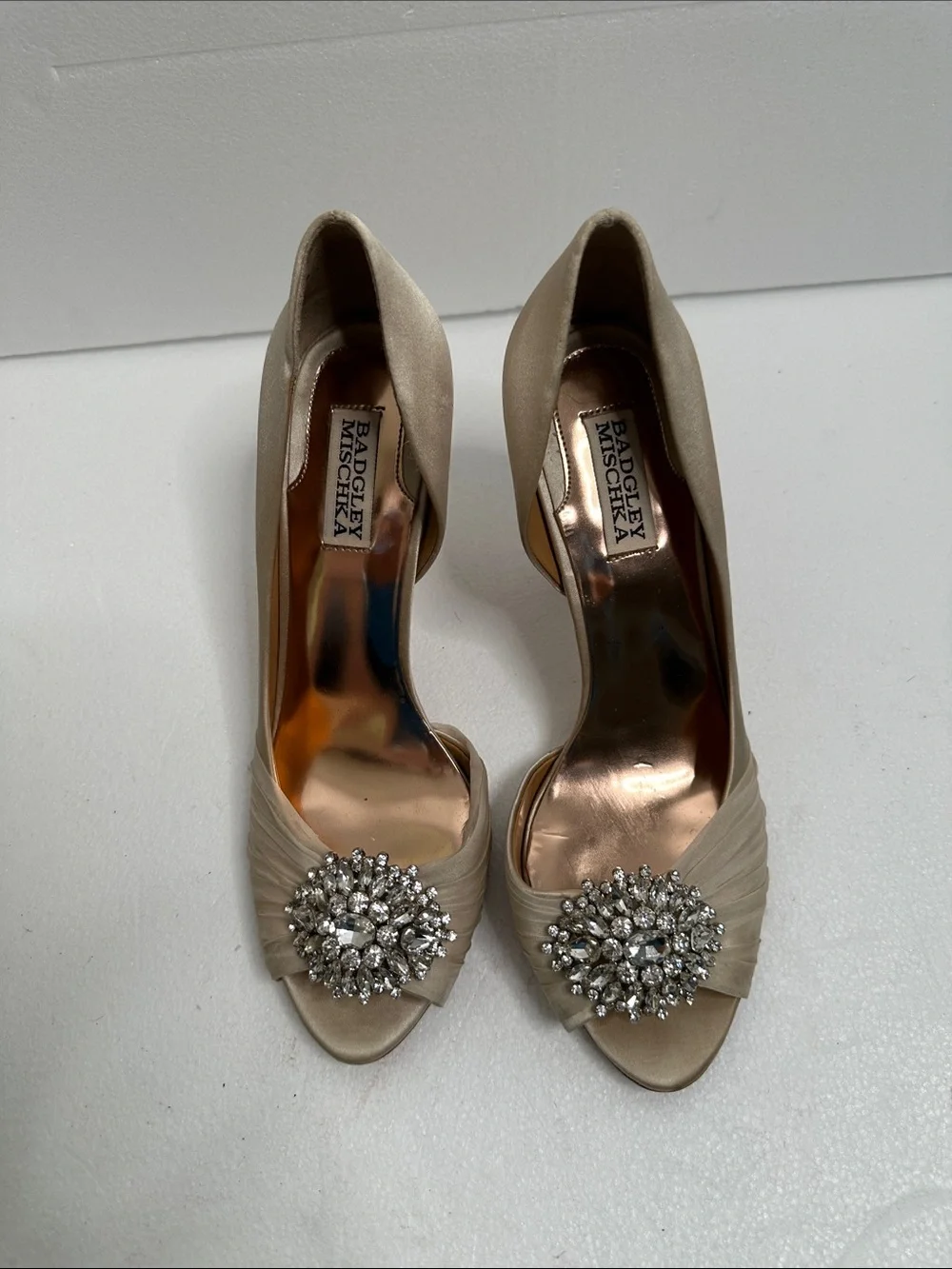 Badgley Mischka Champagne Satin Peep-Toe Heels with Crystal Medallions size 9